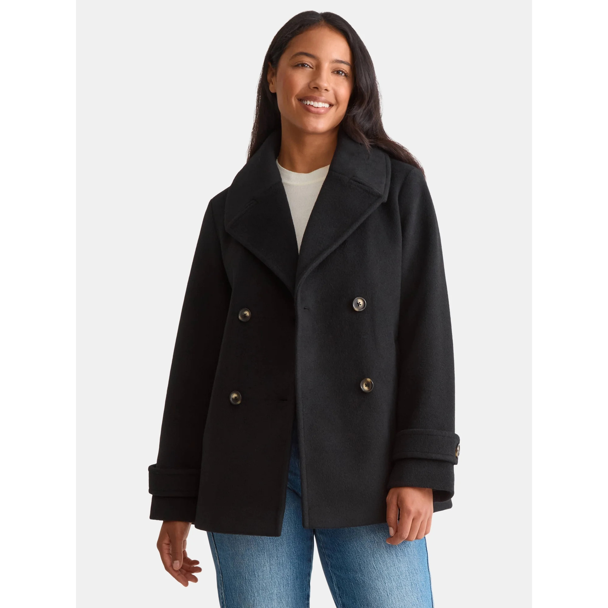 Time and Tru Women's and Women's Plus Faux Wool Peacoat, Sizes XS-2X | Walmart (US)