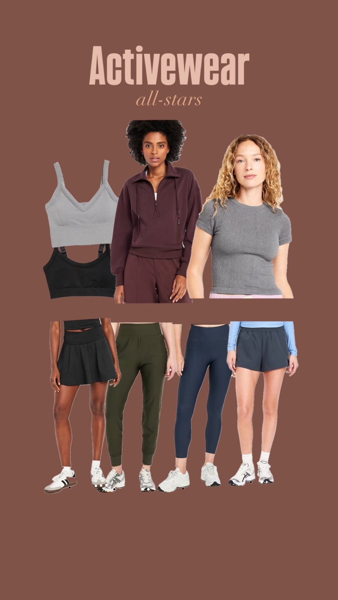 1. The bra I wear 98% of the time - active or not. Top 5 old navy purchase!!
2. The girls and I love these quarter zips - I prefer tall!
3. Feels suspiciously like a much pricier brand. Great for layering but I wore all summer too!
4. Really appreciate the extra high waist (higher in person than on the model - in my opinion)
5. Loved and worn for yearS. So good. 
6. Compression + comfort = best of both worlds (plus - pockets!) 
7. Love the thick waistband of these shorts but they don’t veer into boxer territory (in my opinion)