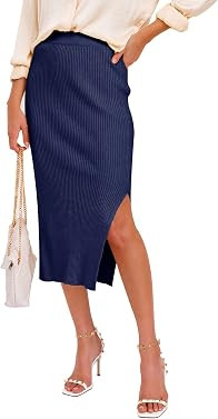 HERBATOMIA Women’s Split Side Midi Skirt High Waist Stretchy Ribbed Knit Knee Length Pencil Bas... | Amazon (CA)