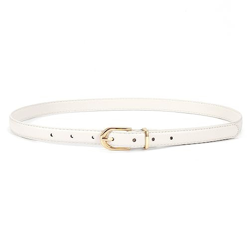 JASGOOD Womens Thin Leather Belt Skinny Faux Leather Belt for Jeans Dress with Gold Alloy Buckle,White,/Fit Waist Size 31-37 inch | Amazon (US)
