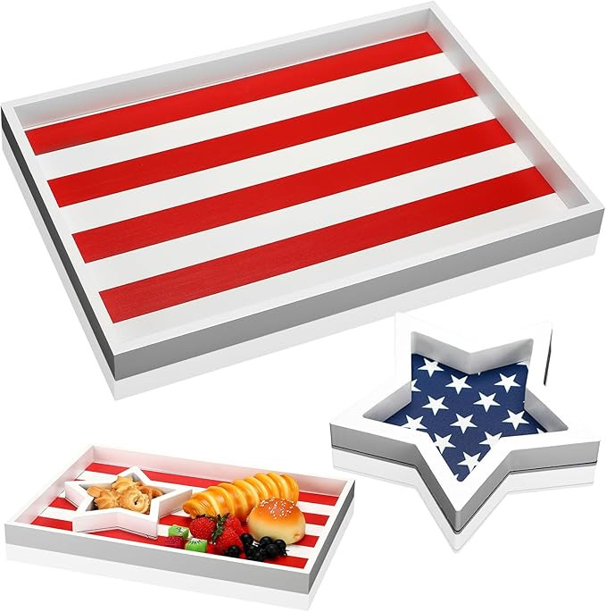 2 Pack 4th of July Serving Trays Wood American Flag Red White Blue Decorative Tray Platter Patrio... | Amazon (US)