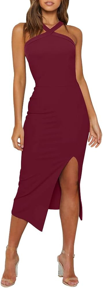 OWIN Women 2026 Sexy Halter Cocktail Wedding Guest Dresses High Waist Bodycon Side Split Formal P... | Amazon (US)