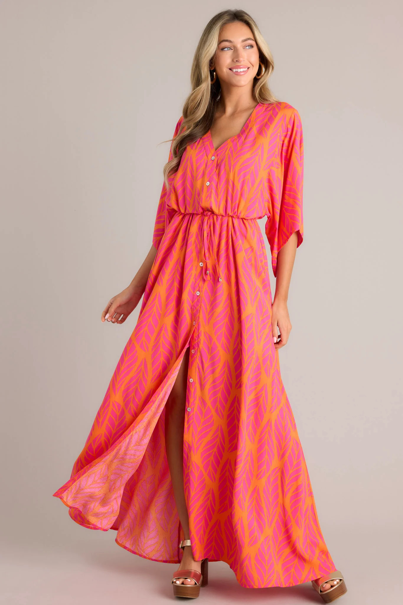 Sunset Palms Hot Pink Tropical Print Button Front Maxi Dress | Red Dress