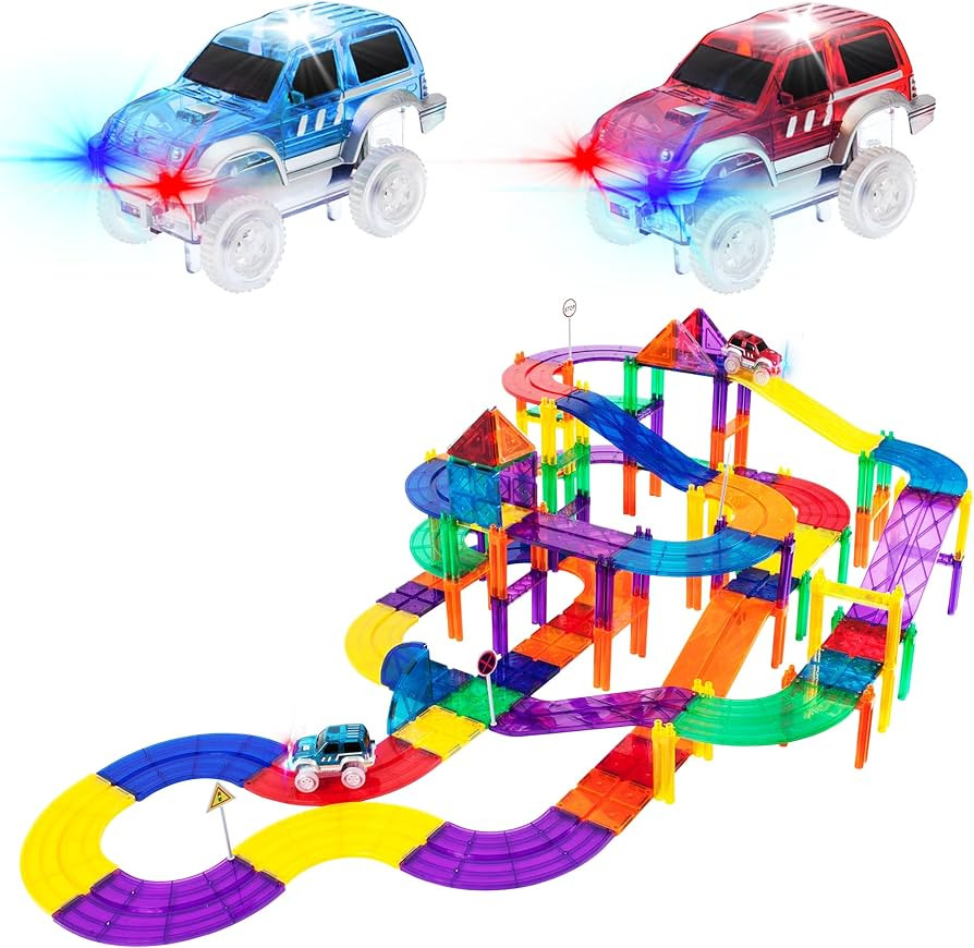PicassoTiles 100 PCs Race Car Track Set Magnetic Toy Building Block with 2 LED Cars with Height Adju | Amazon (US)
