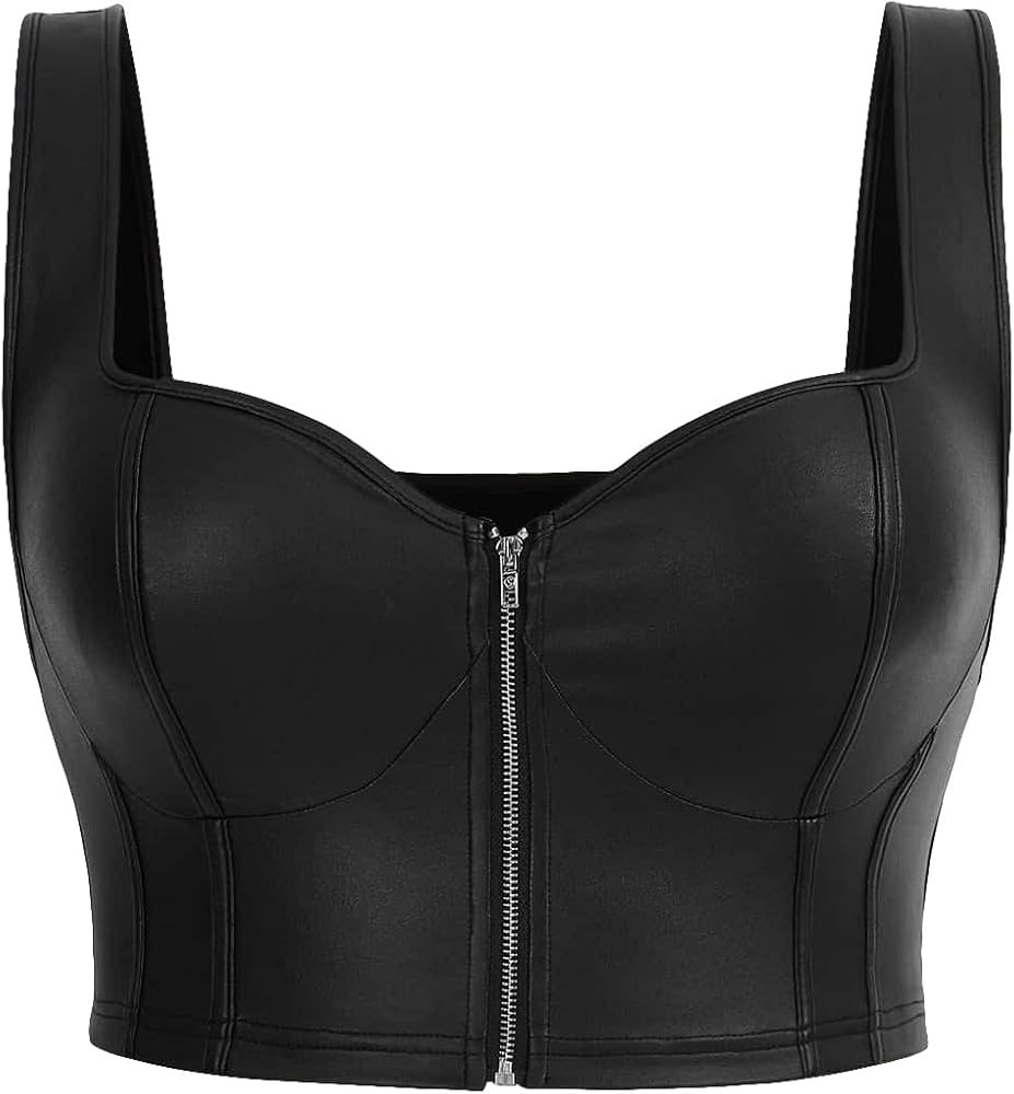Women's Plus Size Zip Up PU Leather Wide Strap Crop Cami Top Sleeveless Slim Fit Tank Top | Amazon (US)