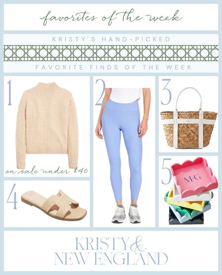 Here’s some favorite January finds this week: rollneck cashmere sweater, hydrangea blue work out leggings, woven leather strap tote bag, raffia sandals, scalloped lacquered trinket tray. 

#LTKGiftGuide #LTKSeasonal #LTKover40