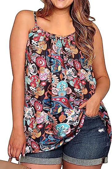 Plus Size Tank Tops for Women Boho Floral Loose Cami Spaghetti Strap Tunic Blouses | Amazon (US)