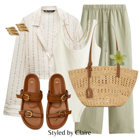 Spring tones🌾
Tags: linen blend trousers pants, stripe shirt, textured body bodysuit, zara brown cross sliders sandals, straw tote bag, hair claw H&M, gold accessories. Fashion primavera inspo outfit ideas city break casual brunch everyday style classy mum chic 

#LTKstyletip #LTKitbag #LTKshoecrush