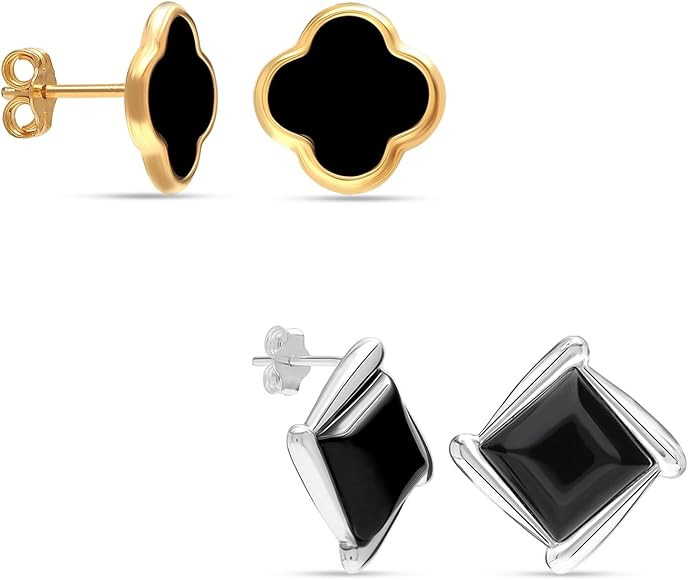 LeCalla Earrings for Women | 925 Sterling Silver Set of 2 Pair Black Onyx and Black Mother of Pea... | Amazon (US)