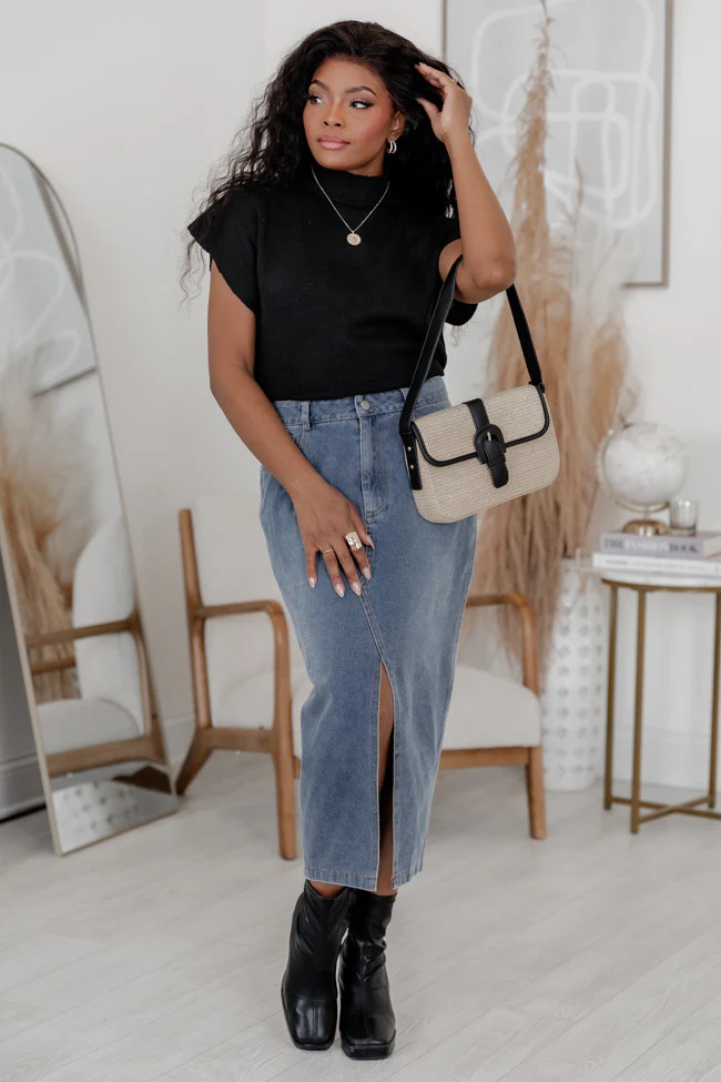 Follow My Lead Medium Wash Denim Midi Skirt FINAL SALE | Pink Lily