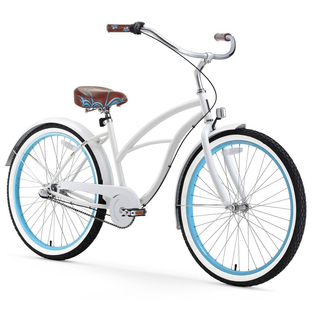 26" sixthreezero BE Three Speed Beach Cruiser Women's Bicycle, White with Blue Rims (630043) | Bed Bath & Beyond