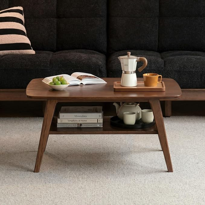 100% Solid Wood Coffee Table for Living Room, 31.5" Small Tables with Shelf Storage, Mid Century ... | Amazon (US)