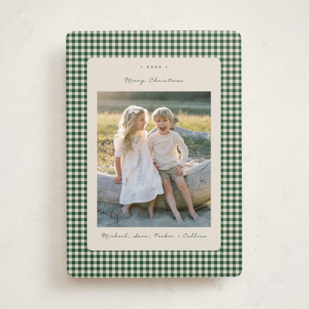 "Gingham Vintage" - Customizable Christmas Photo Cards in Beige or Gray by Emily Betts. | Minted