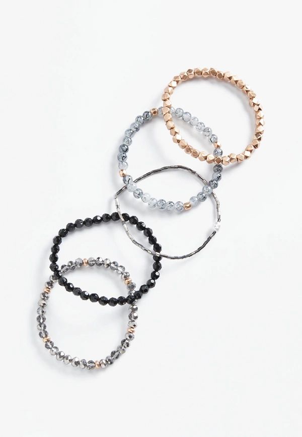 5 Piece Black And Gold Beaded Stretch Bracelet Set | Maurices
