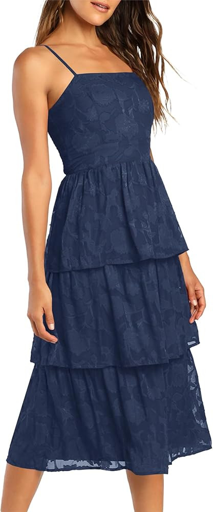 Ferlema Women's 2024 Summer Sleeveless Spaghetti Strap Smocked Tiered Flowy Beach Cocktail Midi D... | Amazon (US)