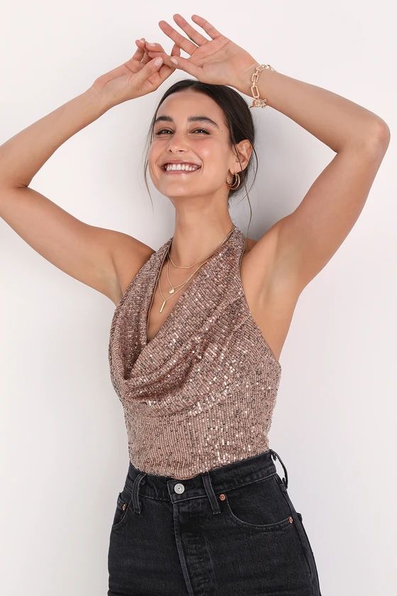 Draped in Decadence Gold Sequin Cowl Halter Sleeveless Top | Lulus (US)