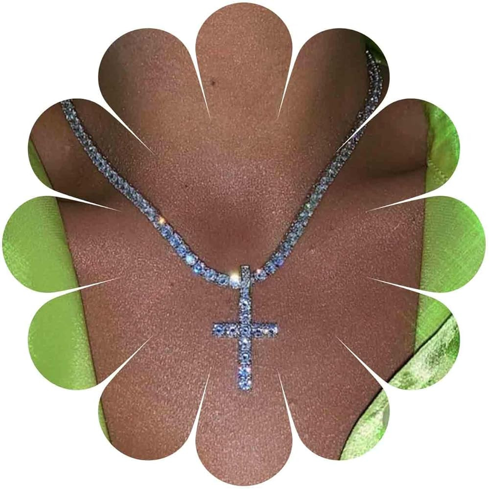 Silver Cross Necklace for Women & Men, Sparkly Cubic Zirconia Tennis Chain, Choker, Lobster Clasp | Amazon (US)