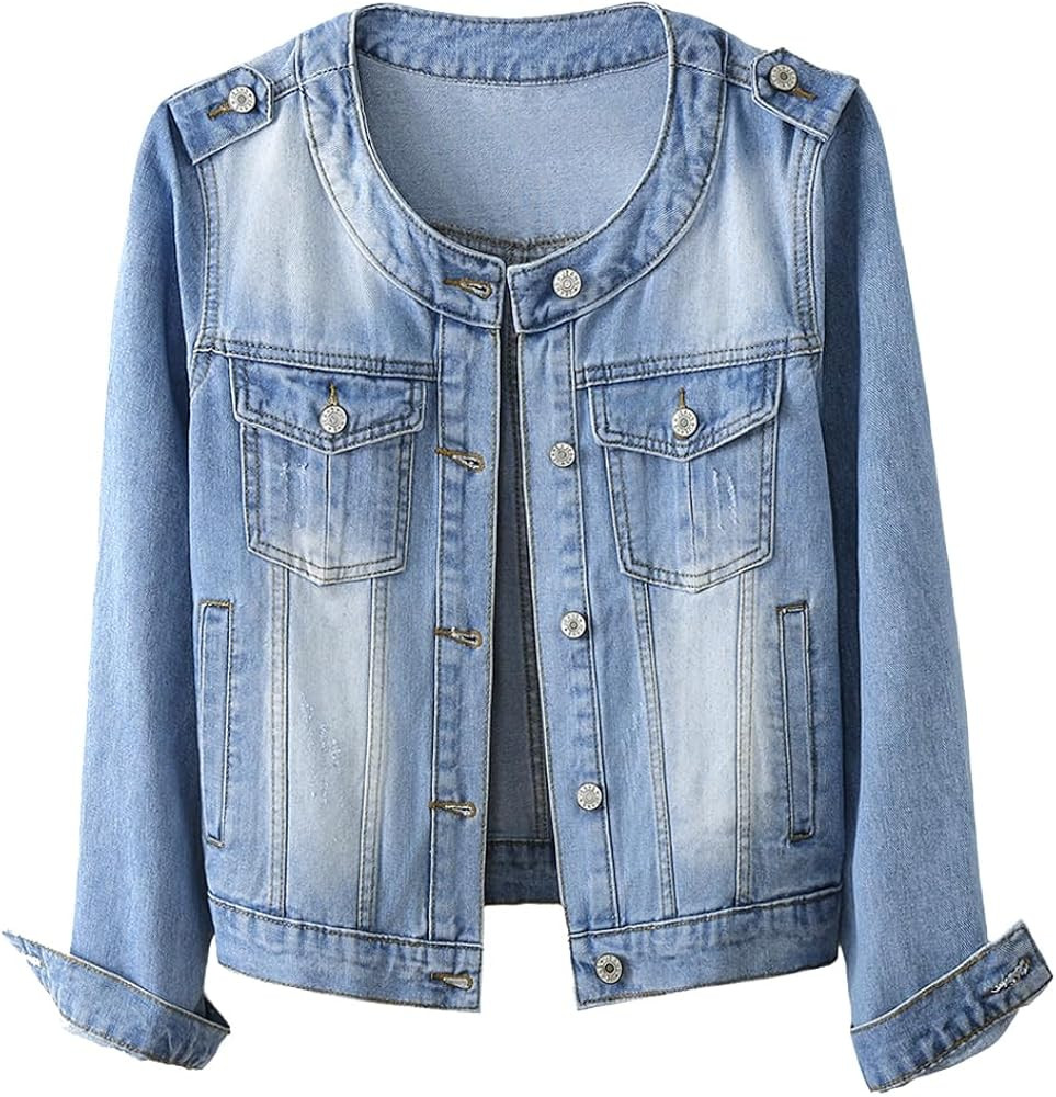 Jean Jacket for Women Trendy Collarless Button Down Long Sleeve Casual Western Denim Jacket Count... | Amazon (US)