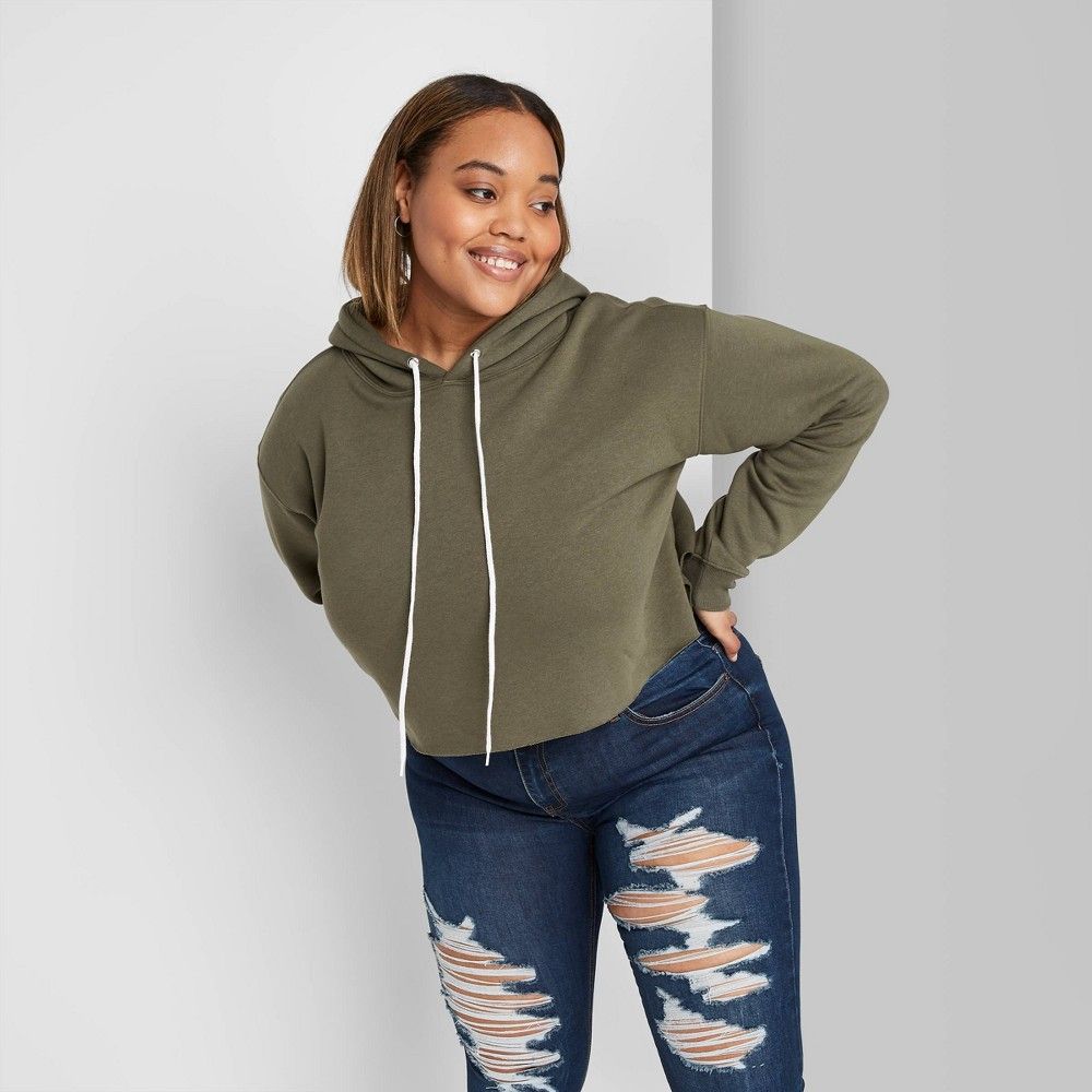 Women's Plus Size Cropped Hoodie - Wild Fable Olive 2X, Green | Target