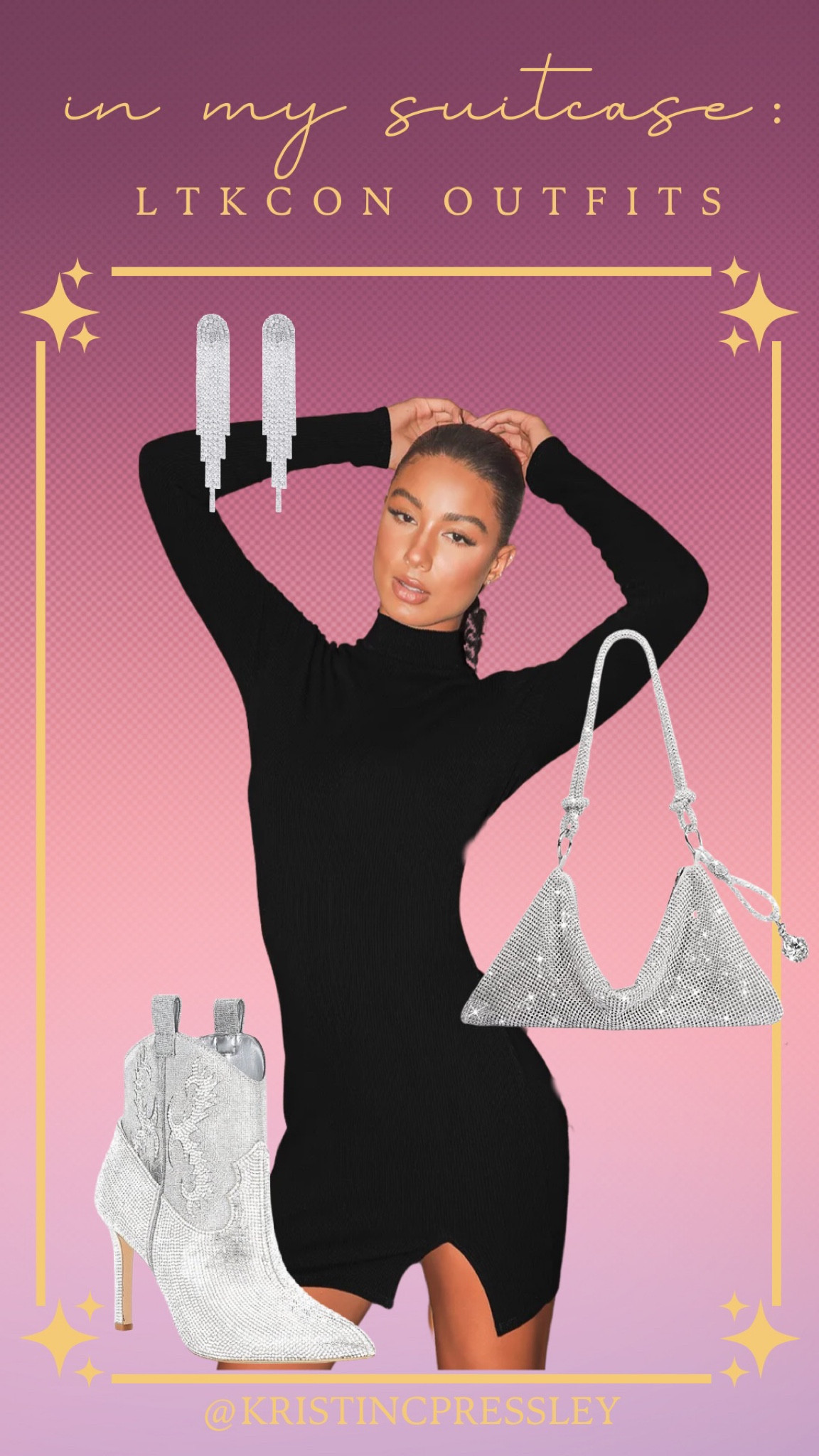 LTKCon outfit compilation. Gala outfit. Finale party outfit. Night Outfit. Party dress. Mock neck dress. Sexy dress. Body con dress. Studded handbag. Chandelier earrings. Statement boots. Silver studded booties. Fall outfit. Full dress. Fall booties. Sleek style. Edgy style. Bump style.￼

#LTKCon #LTKstyletip #LTKshoecrush