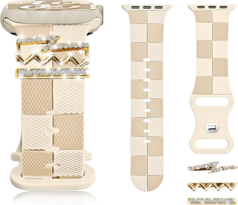 Silicone Strap for Series 10 Apple Watch Band 46mm, Stylish Checkered Bracelet with Gold Bling Z ... | Amazon (US)