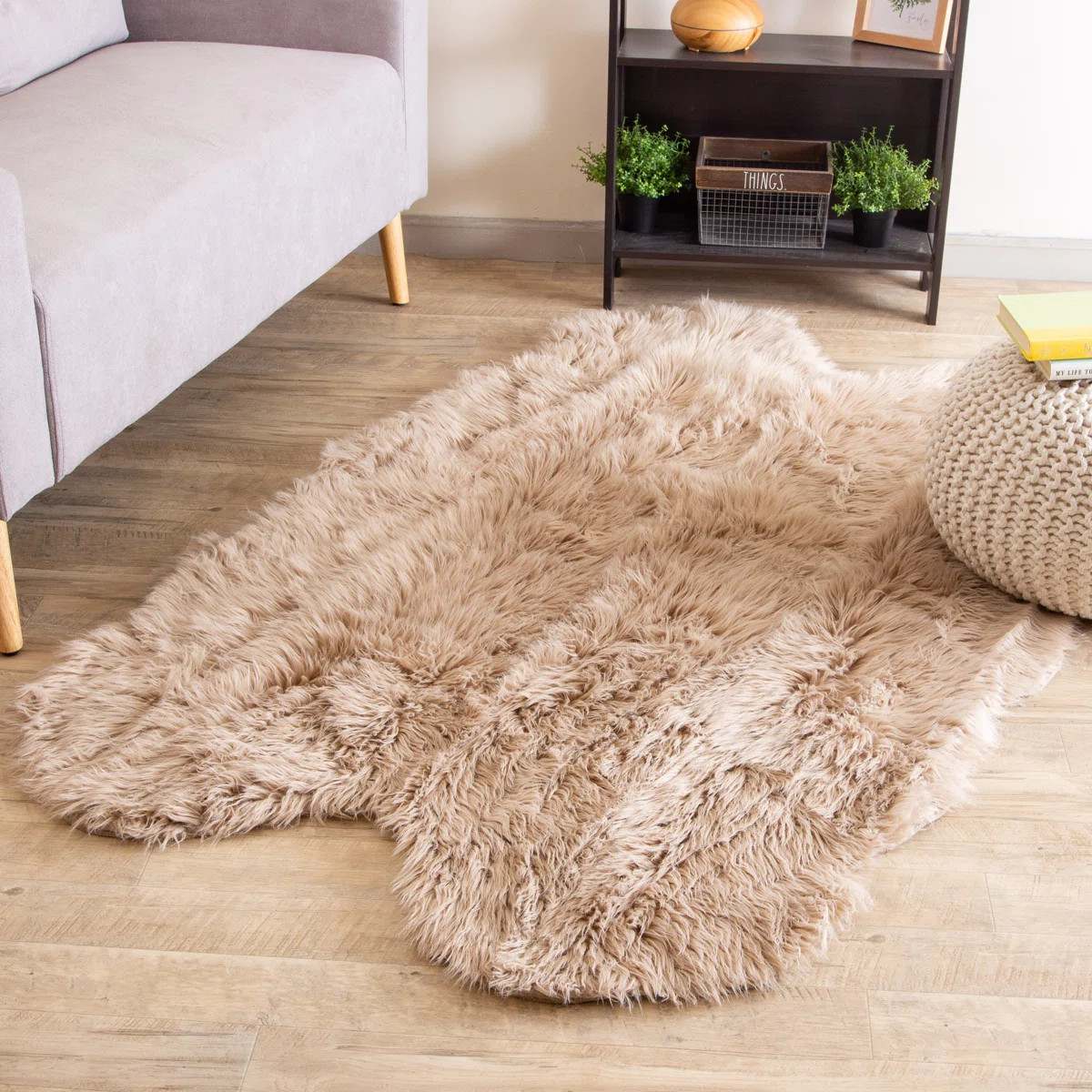Diller Light Brown Faux Sheepskin Fur Machine Washable Shag Fluffy Area Rug | Wayfair North America