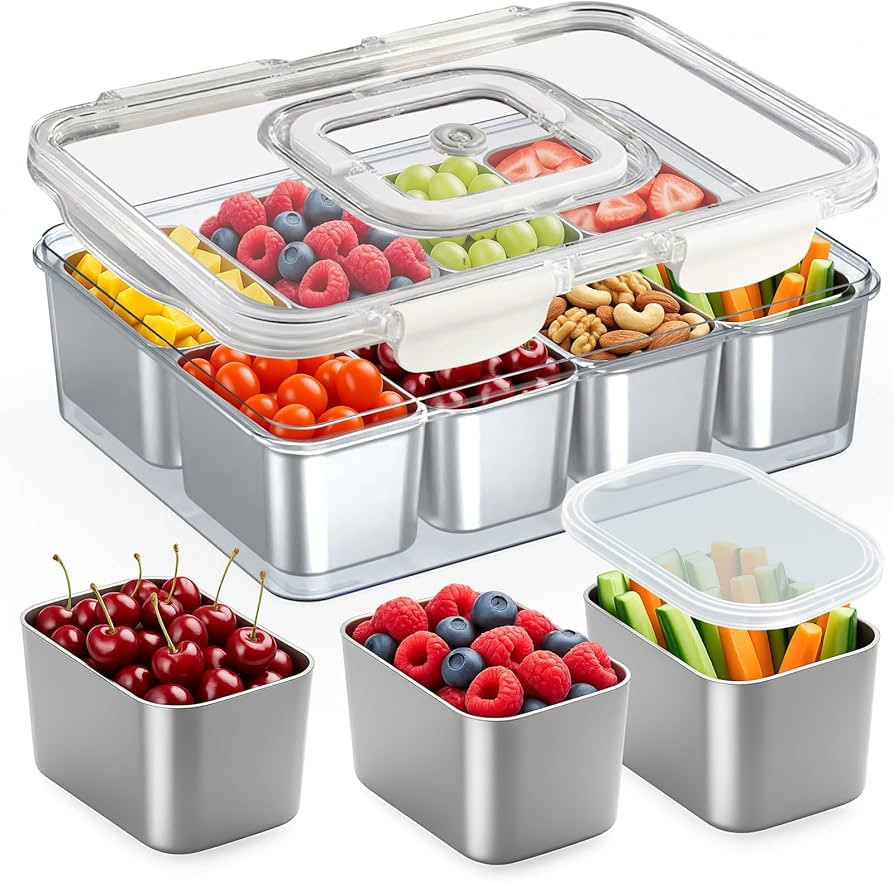 Snackle Box Container Stainless Steel - Reusable 8 Compartment Divided Serving Tray with Lid and ... | Amazon (US)