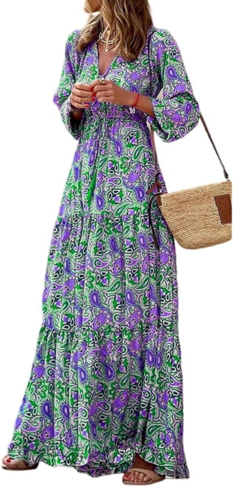 TIAFORD Womens 2024 Casual Boho Maxi Dresses V Neck Puff Sleeve Geometric Pattern Smocked Ruffle ... | Amazon (US)