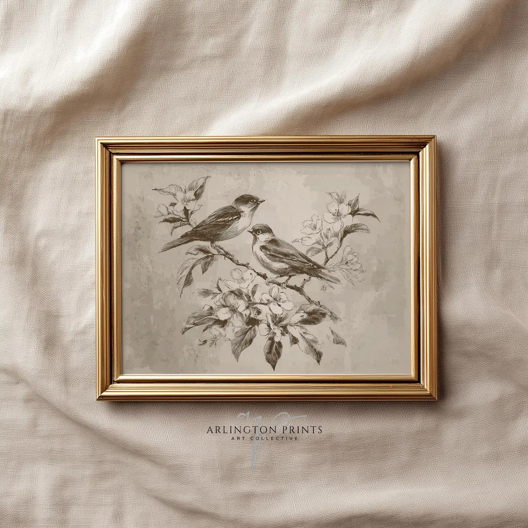 Rustic Songbird Print, Sepia Bird Sketch, Apple Blossom Floral Art, Country Cottage Wall Decor, D... | Etsy (US)