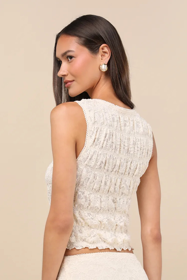 Wes Cream Lace Smocked Tank Top | Lulus