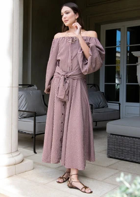 Candace Brown and White Stripe Wrap Waist Maxi Skirt | Benaar La