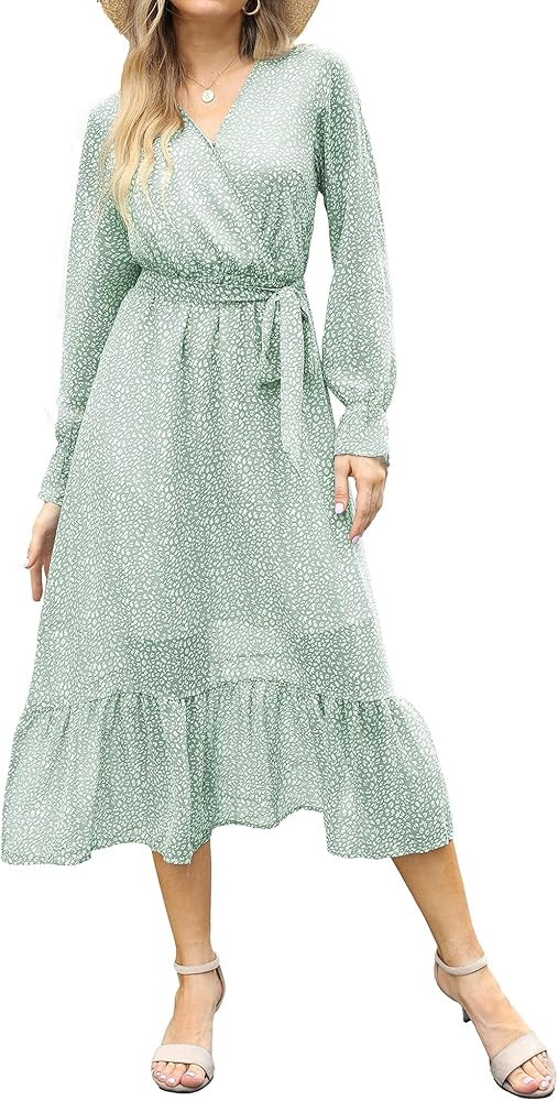 BTFBM Women's Casual Dresses Long Sleeve Wrap V Neck Floral Print Bohemian Swing A-Line Pleated H... | Amazon (US)