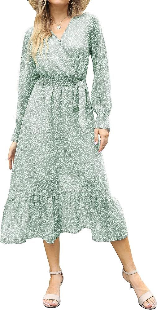 BTFBM Women's Casual Dresses Long Sleeve Wrap V Neck Floral Print Bohemian Swing A-Line Pleated H... | Amazon (US)