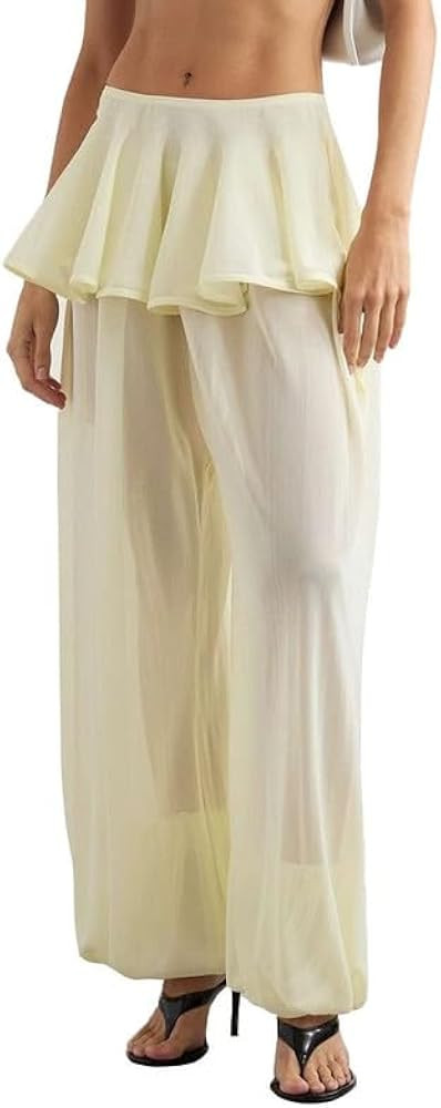ROAONOCOMO Women Ruffled Skirted Pants Chiffon Loose Fit Long Bloomers Mesh Pantaloons Summer Bea... | Amazon (US)