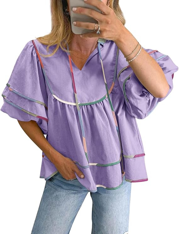 Cicy Bell Womens Summer Babydoll Tops V Neck Short Lantern Sleeve Shirts Cute Loose Fit Peplum Fl... | Amazon (US)