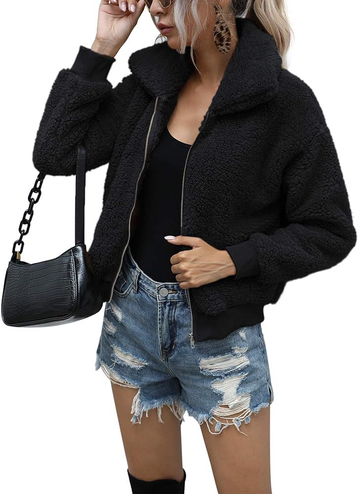 AKEWEI Women's Short Faux Fur Coat Casual Shaggy Jacket with Pockets Warm Winter Zip-Up Fluffy Ou... | Amazon (US)