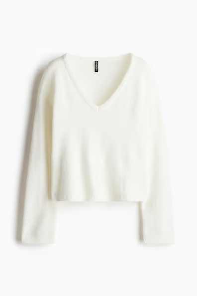 H & M - Fine-Knit V-Neck Sweater - White | H&M (US + CA)