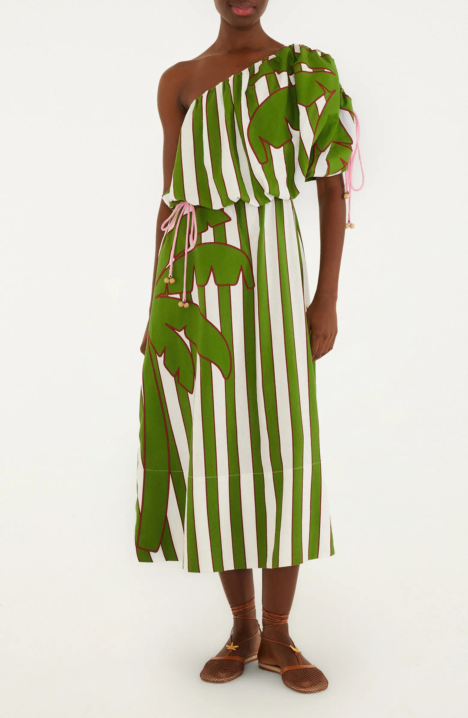 Embroidered One-Shoulder Linen Blend Midi Dress | Nordstrom