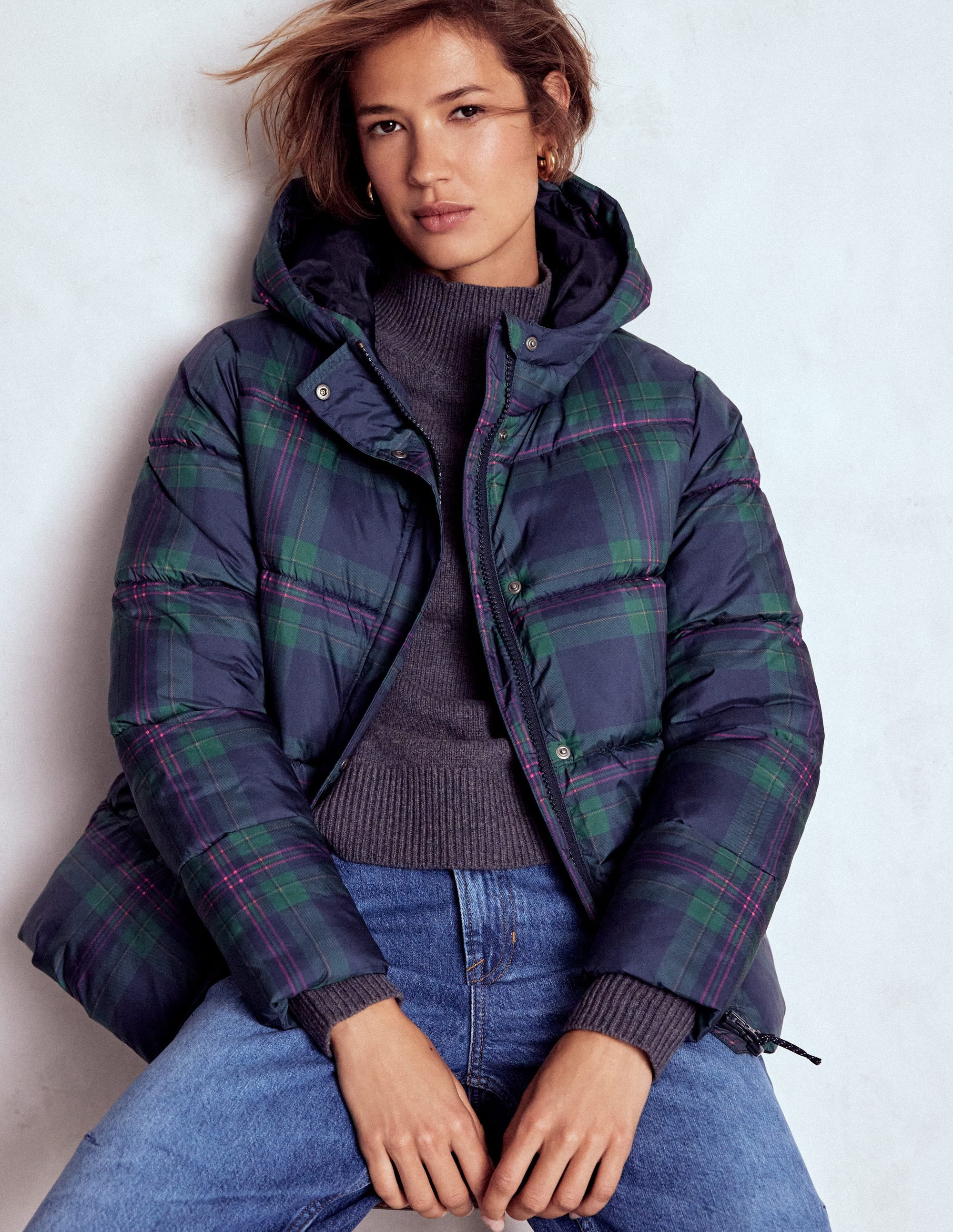 Padded Puffer Coat-Navy & Green Tonal Check | Boden UK
