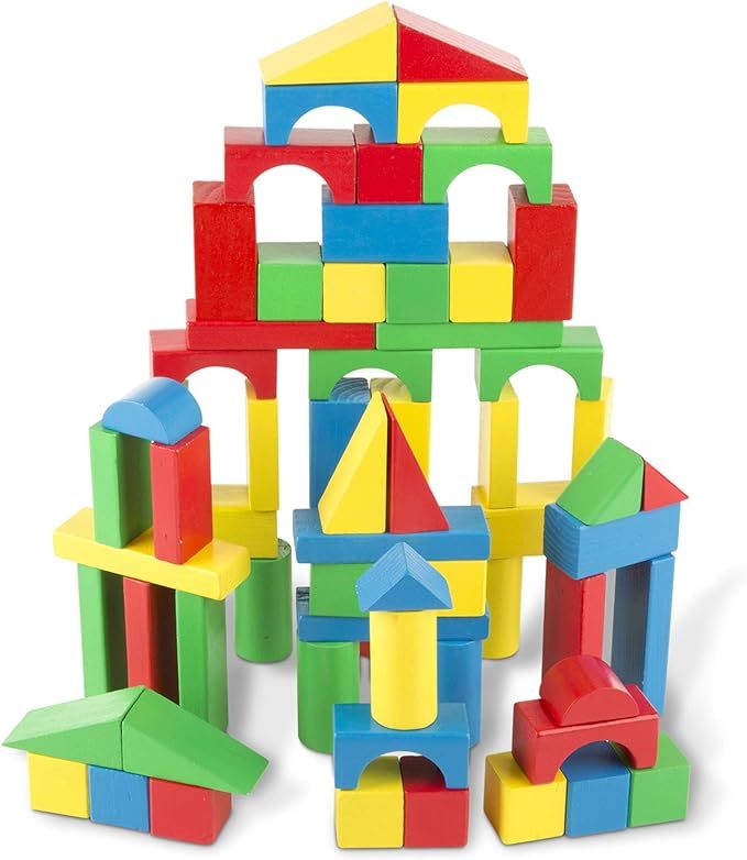 Melissa & Doug Wooden Building Set - 100 Blocks in 4 Colors and 9 Shapes | Amazon (US)