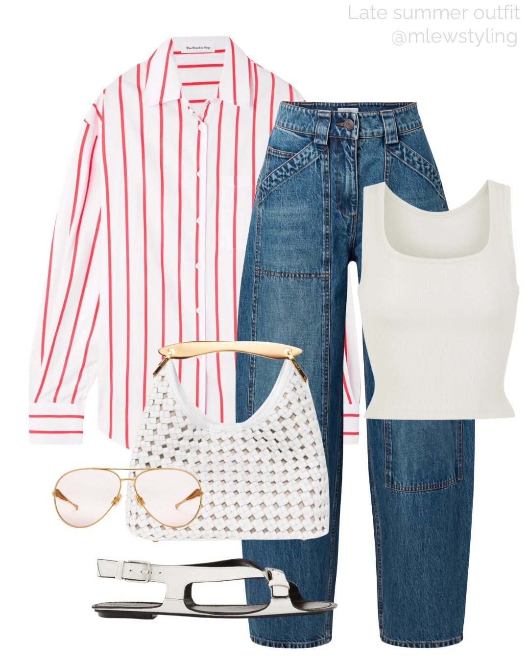 Late summer outfit 🤍

Tags: transitional outfit, skims tank, red striped button down, the Frankie shop, Elleme white bag, white Zara sandals, bottega veneta aviator sunglasses, casual workwear, office outfit 

#LTKItBag #LTKWorkwear #LTKShoeCrush