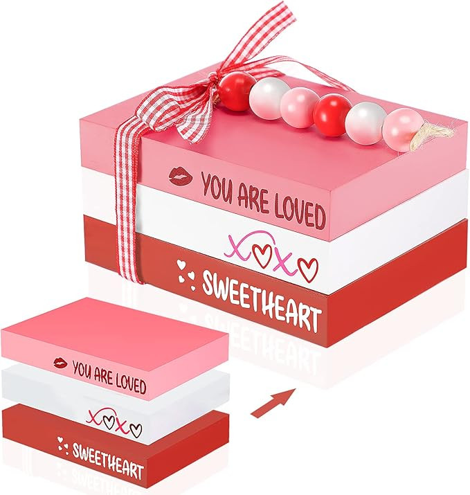 Valentine's Day Decorative Books 3 Pieces Wood Faux Books Entryway Decor Wooden Stacked Books Rus... | Amazon (US)