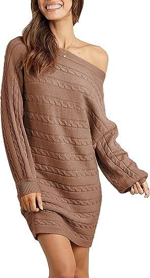 KIRUNDO Women's 2023 Fall Winter Off Shoulder Sweater Dress Cable Knit Long Sleeve Casual Loose O... | Amazon (US)