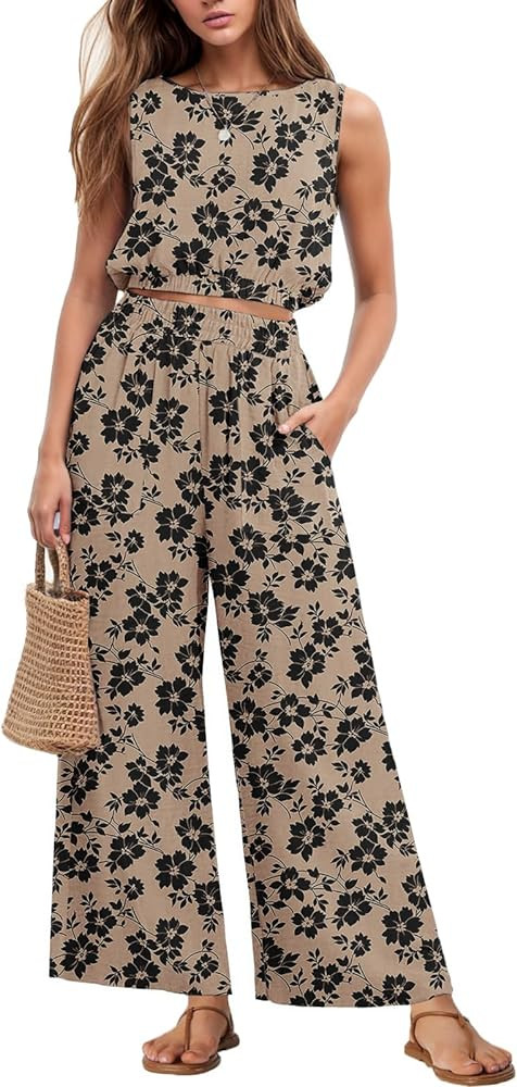 GRECERELLE Two Piece Sets for Women Sleeveless Crop Top Wide Leg Pants Sweat Set for Women Tracks... | Amazon (US)