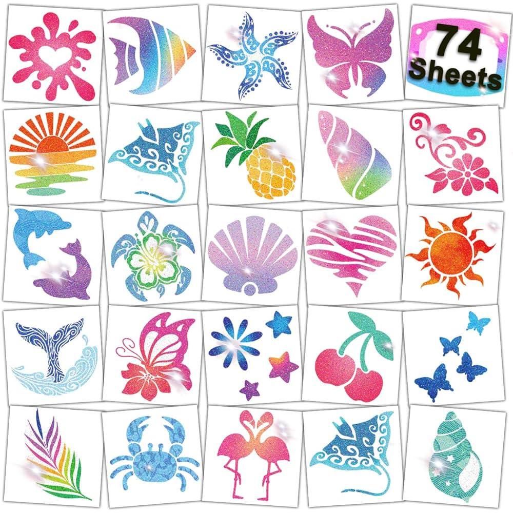 Glitter Temporary Tattoos for Aloha Party Decoration - 74 Individually Sheets Glitter Summer Tatt... | Amazon (US)