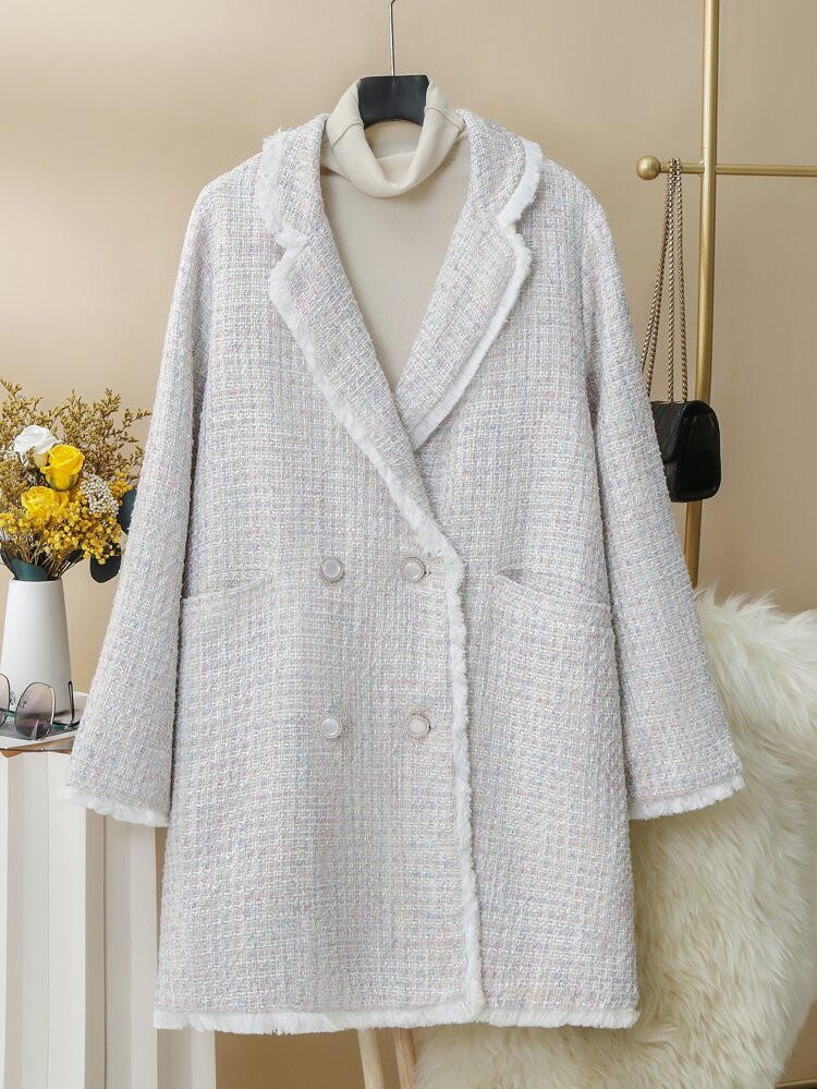 Plus Plaid Raw Trim Dual Pocket Tweed Overcoat | SHEIN