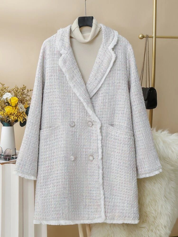 Plus Plaid Raw Trim Dual Pocket Tweed Overcoat | SHEIN