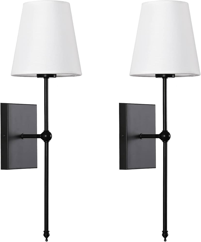 Set of 2 Slim Wall Sconces with White Fabric Shade, Matte Black Base Indoor Wall Light Fixtures f... | Amazon (US)