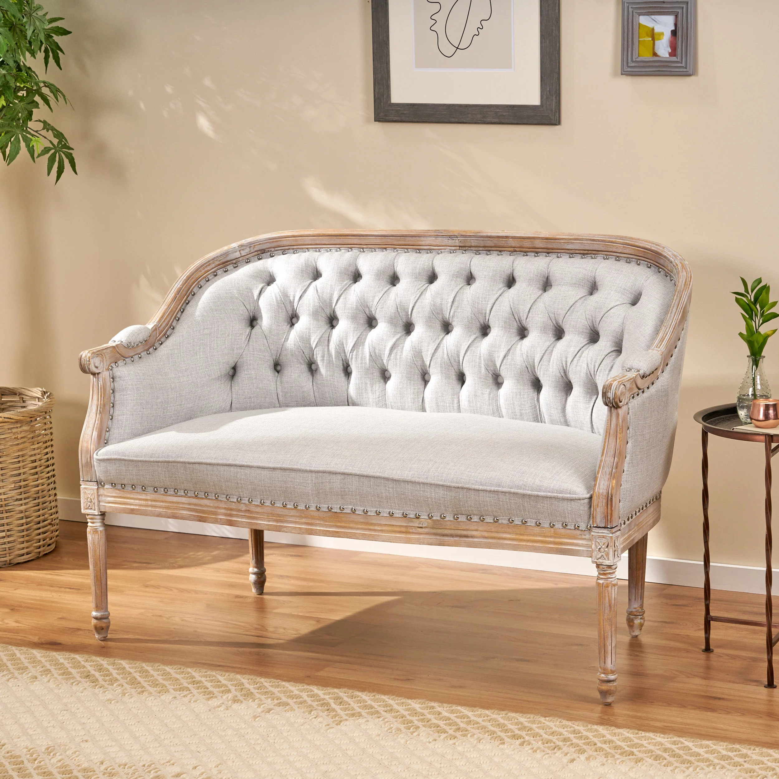 Noble House Dior Button Tufted Fabric Loveseat, Light Gray and Antique - Walmart.com | Walmart (US)