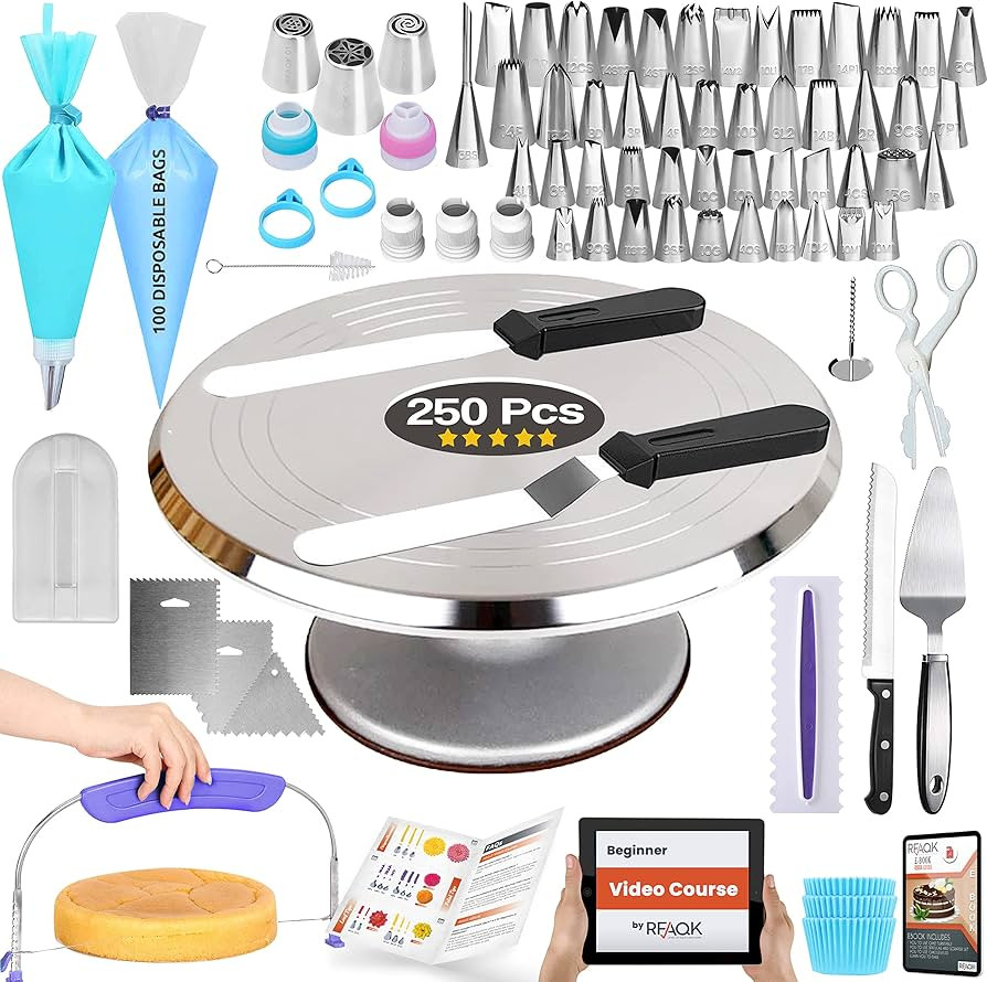 RFAQK 250 PCs Aluminum Cake Decorating Tools Kit with 12" Metal Turntable & Knife set-48 Numbered... | Amazon (US)